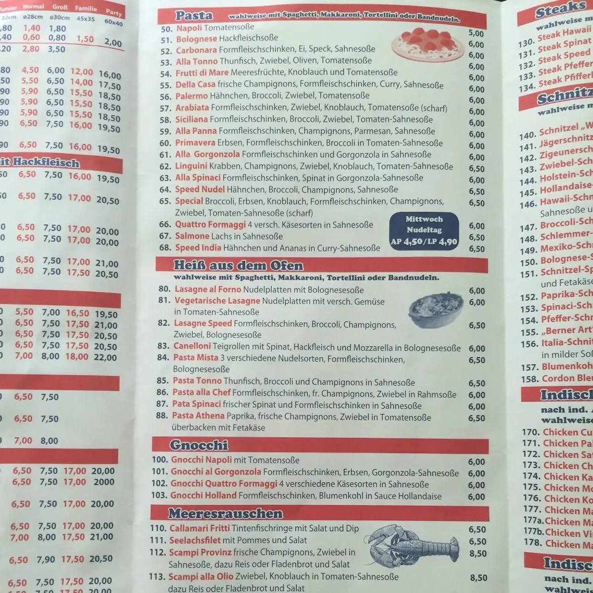 Speisekarte, Speed Pizzeria