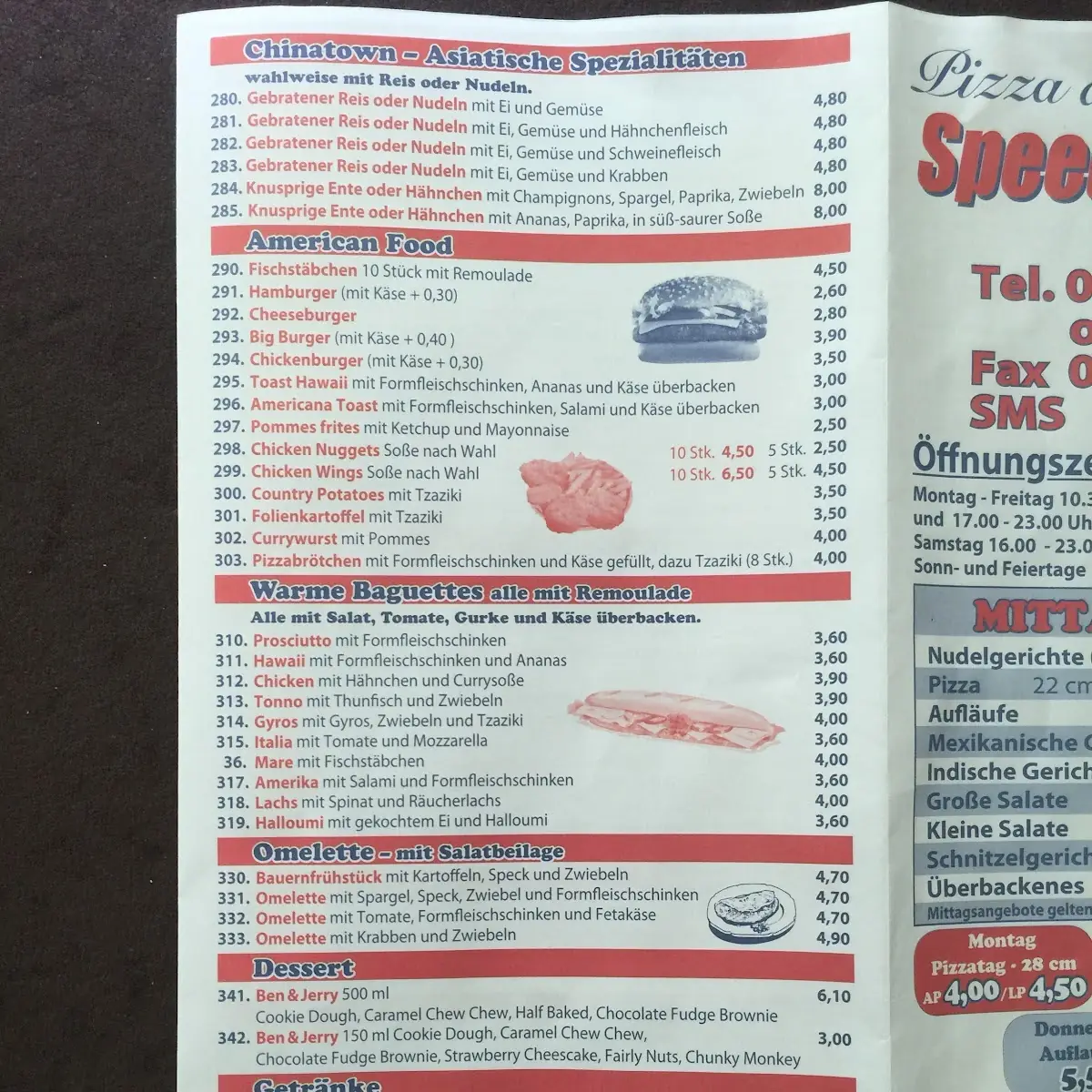 Speisekarte, Speed Pizzeria
