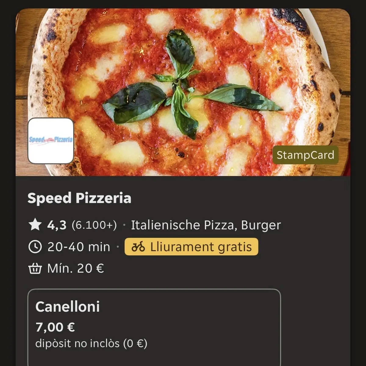 Speisekarte, Speed Pizzeria