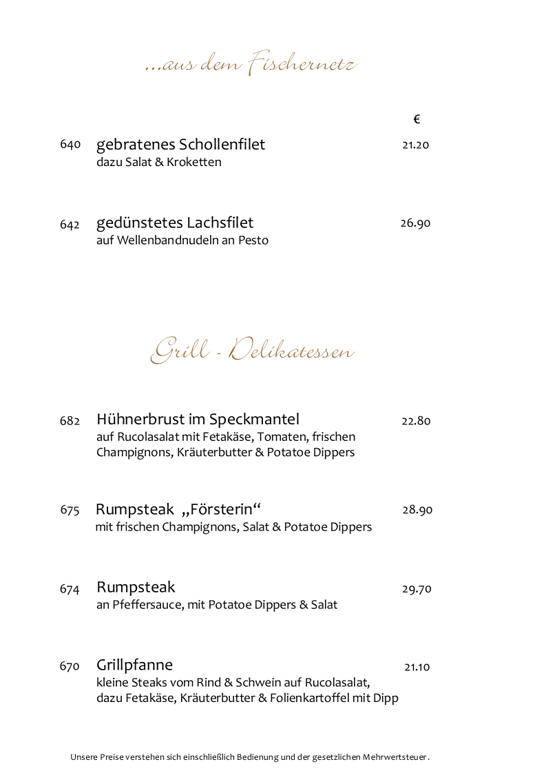 Speisekarte, Hotel Clemenswerther Hof
