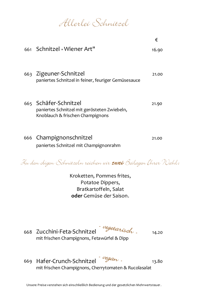 Speisekarte, Hotel Clemenswerther Hof