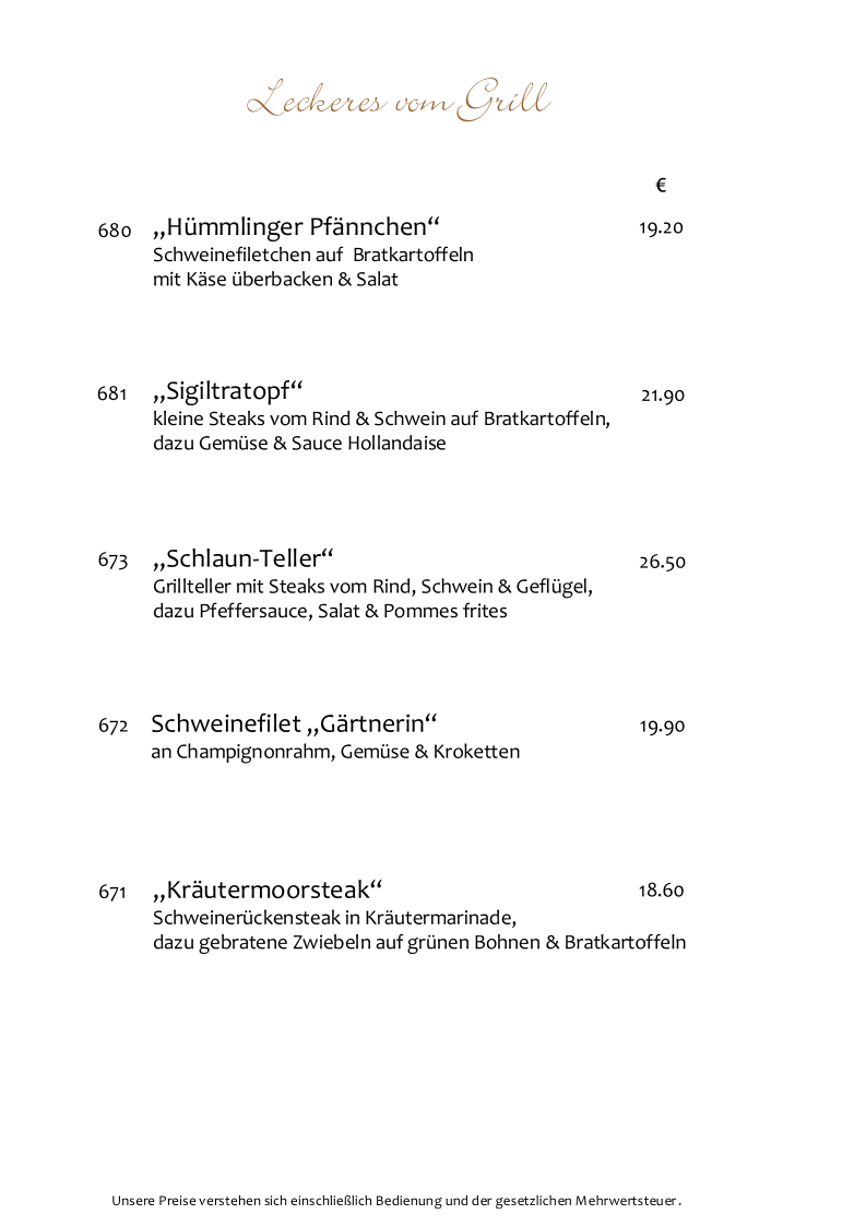 Speisekarte, Hotel Clemenswerther Hof