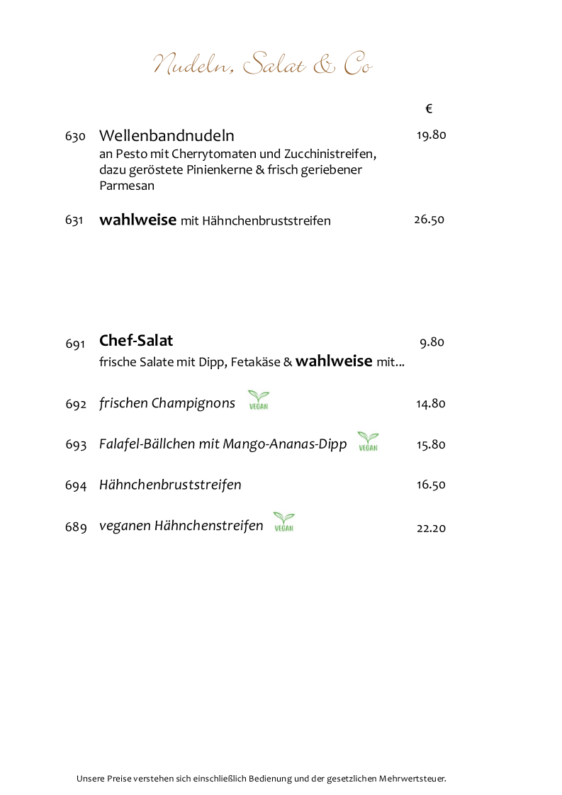 Speisekarte, Hotel Clemenswerther Hof