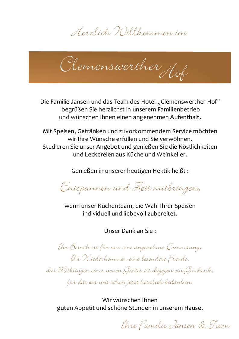 Speisekarte, Hotel Clemenswerther Hof