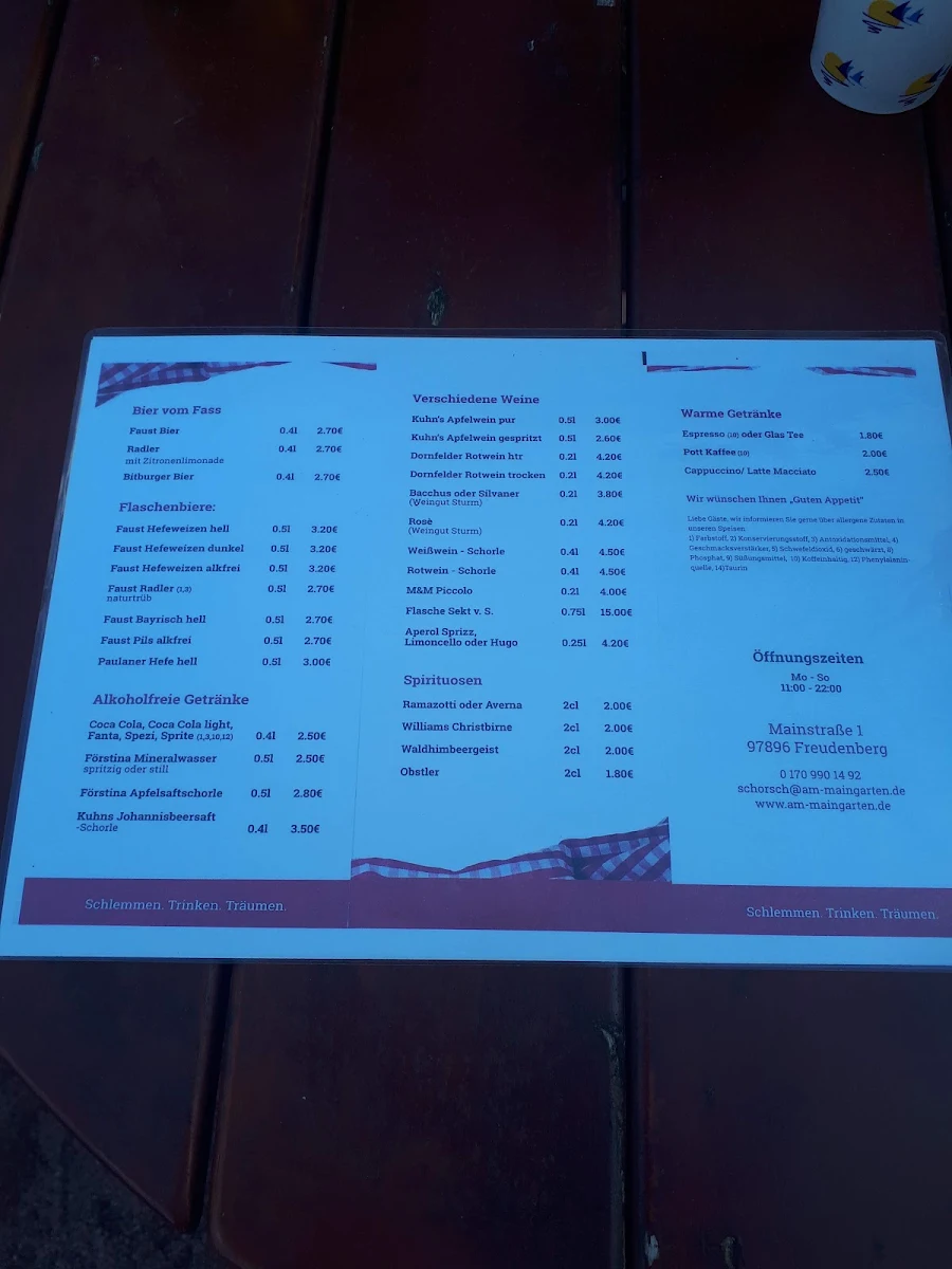 Speisekarte, Am Maingarten - Biergarten zum Schorsch