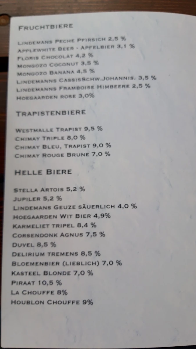 Speisekarte, Le Belge - belgisches Bierhaus und Restaurant - Offenbach am Main