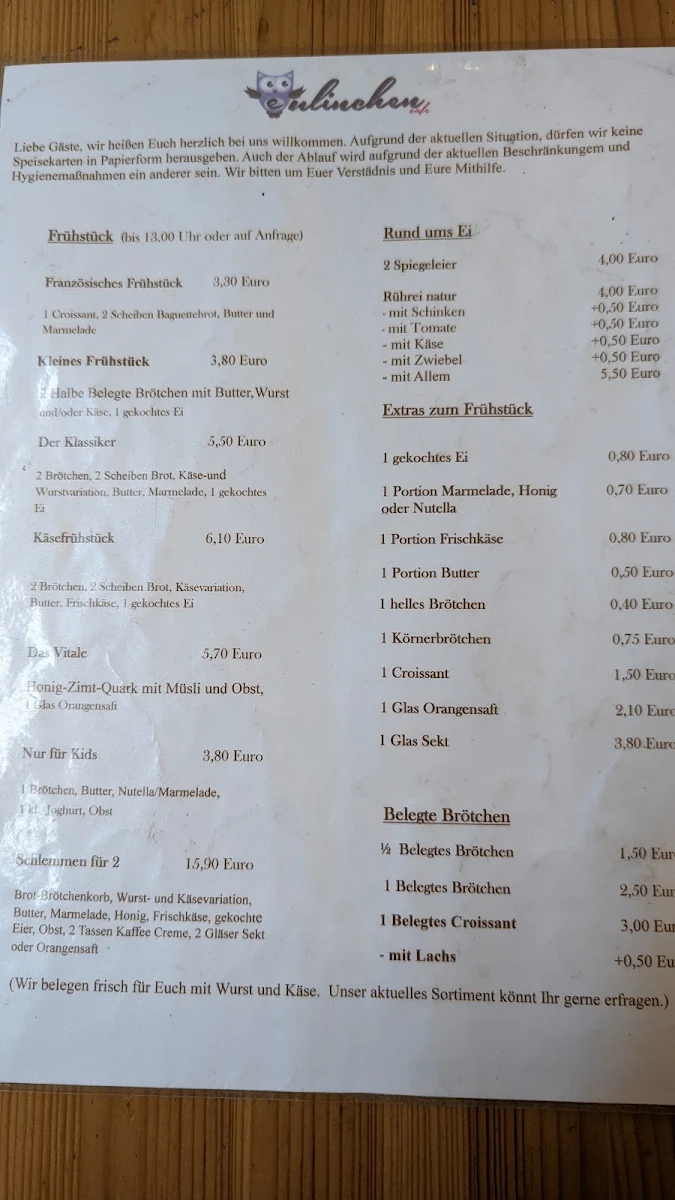 Speisekarte, Cafe Eulinchen