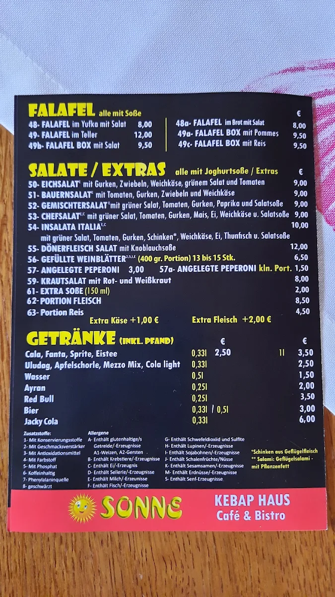 Speisekarte, SONNE Kebap-Haus