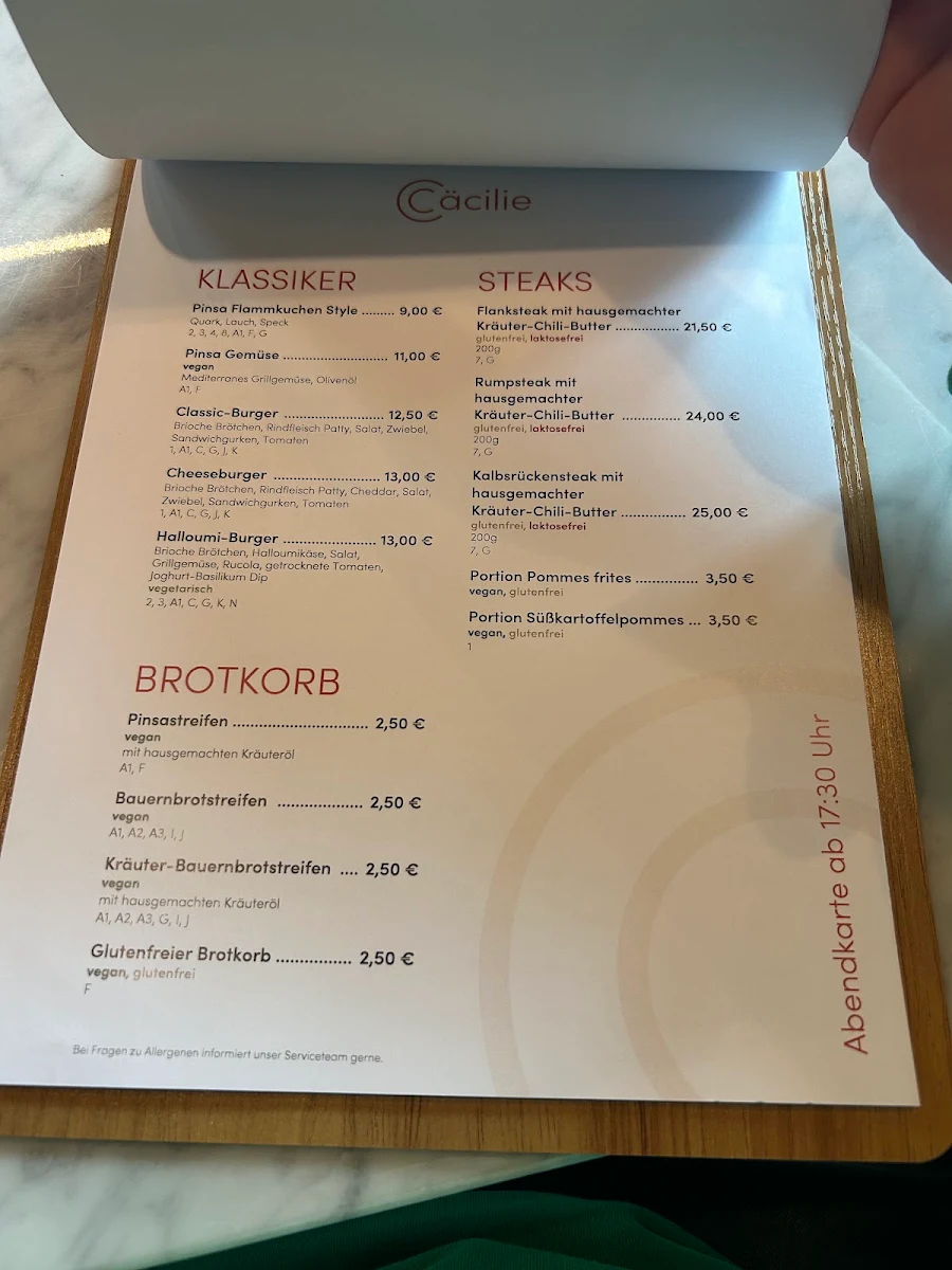 Speisekarte, Restaurant Cäcilie