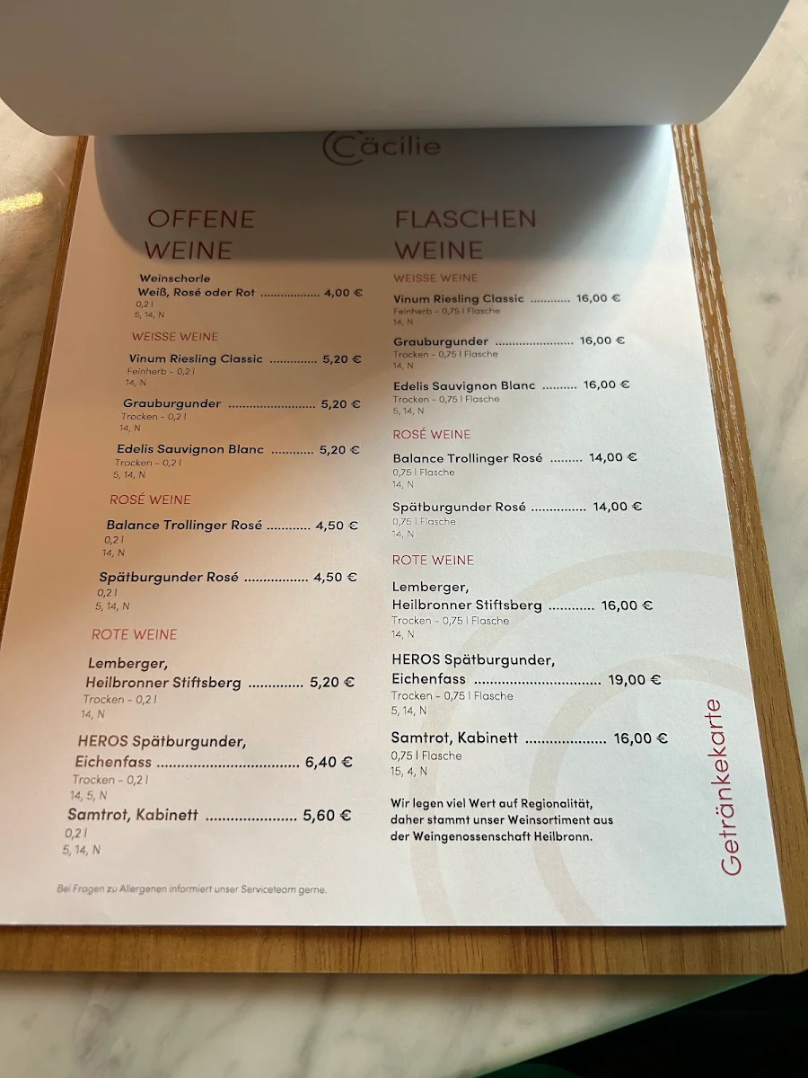 Speisekarte, Restaurant Cäcilie