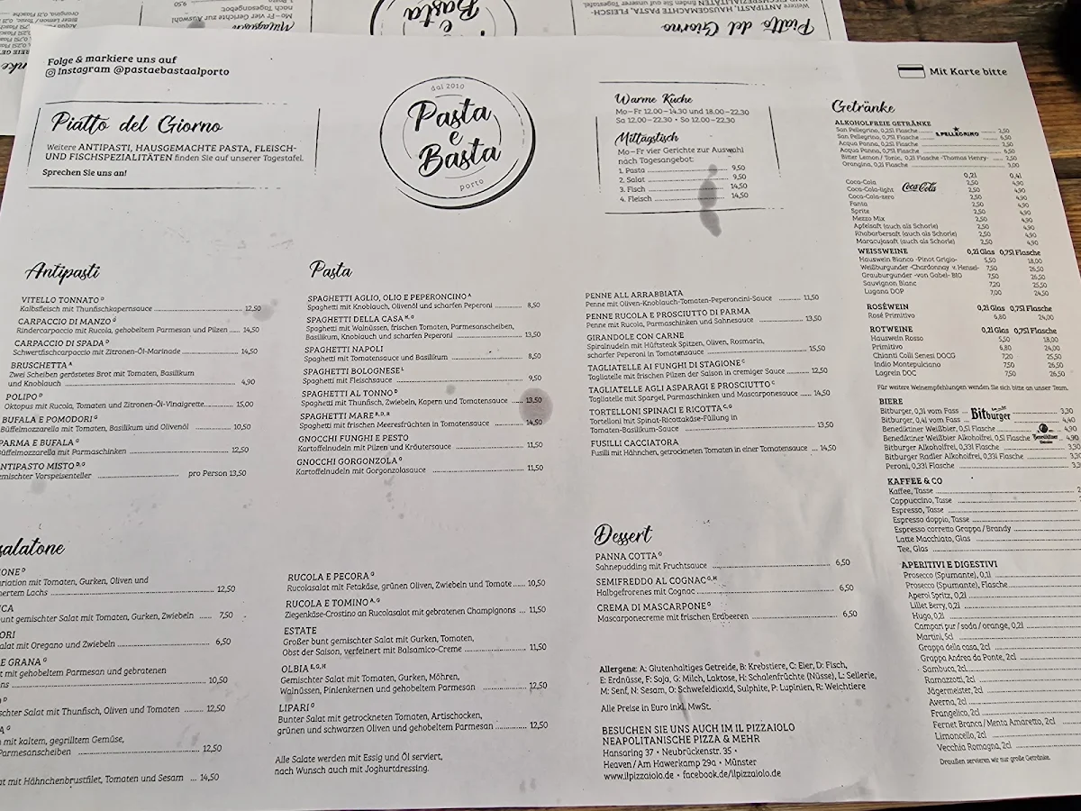 Speisekarte, Pasta e Basta al Porto