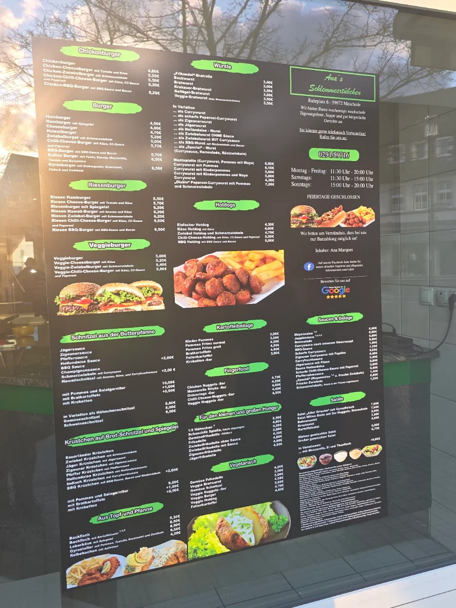 Speisekarte, Ana's Schlemmerstübchen