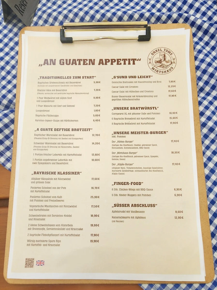 Speisekarte, Onkel Toms Wirtshaus