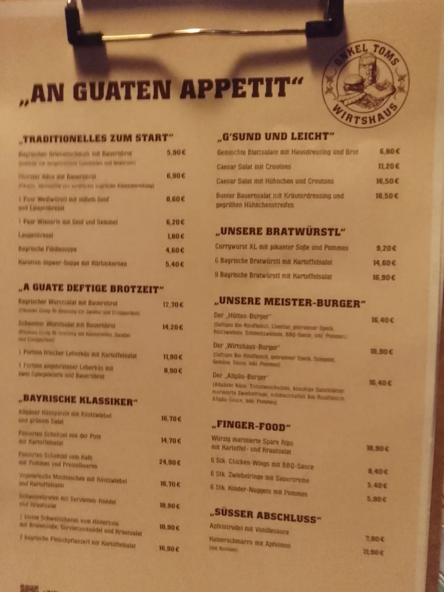 Speisekarte, Onkel Toms Wirtshaus