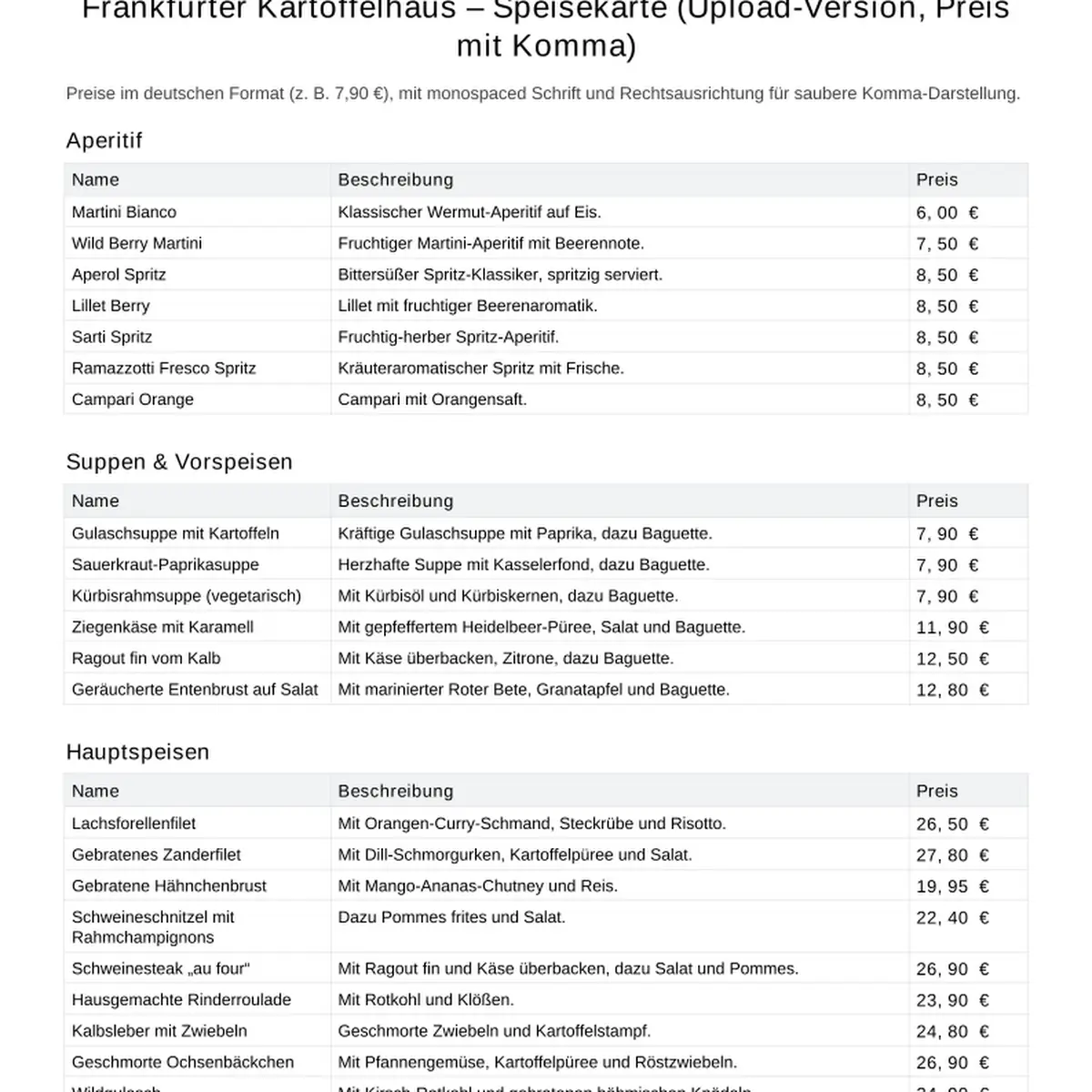 Speisekarte, Frankfurter Kartoffelhaus - Das Restaurant in Frankfurt (Oder)