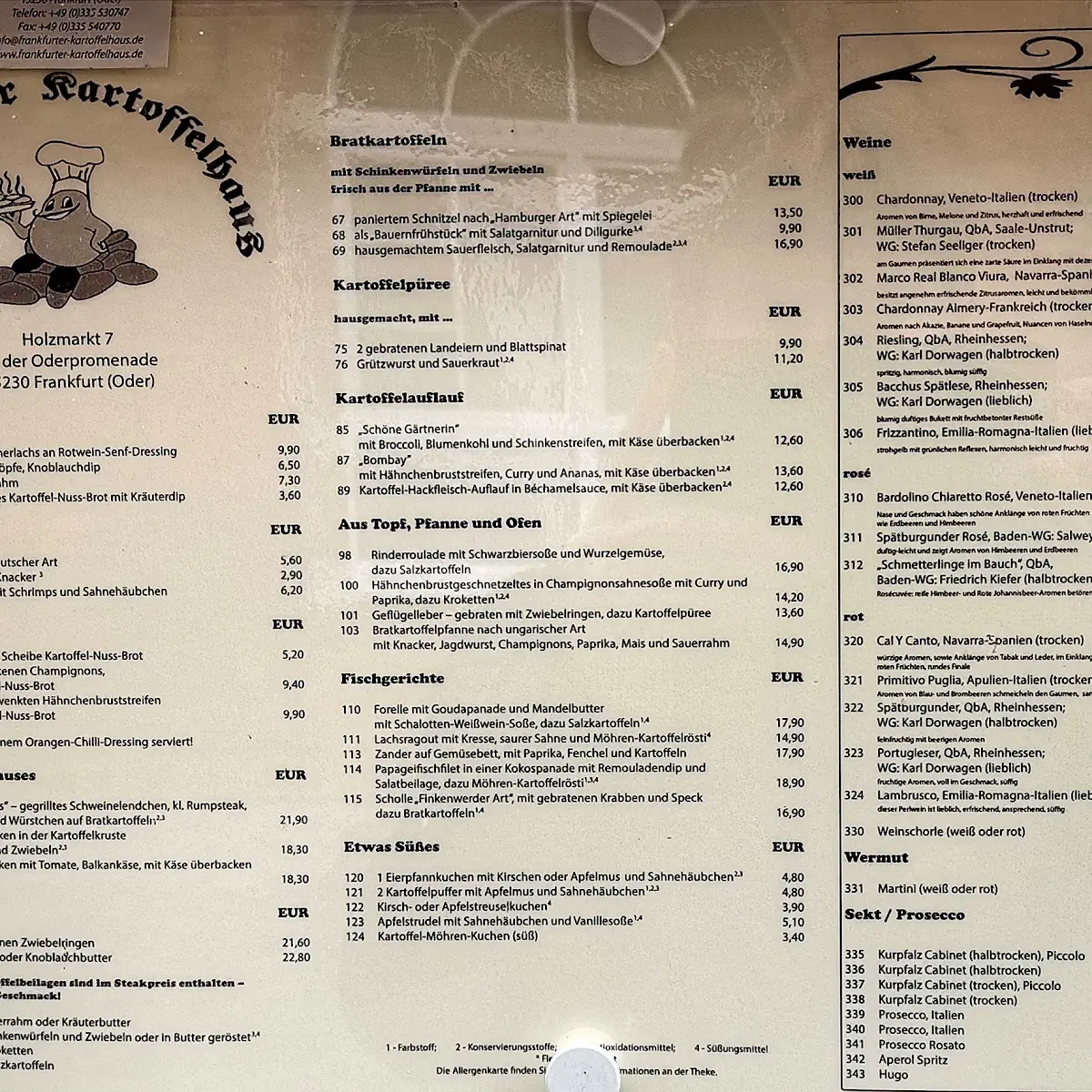 Speisekarte, Frankfurter Kartoffelhaus - Das Restaurant in Frankfurt (Oder)