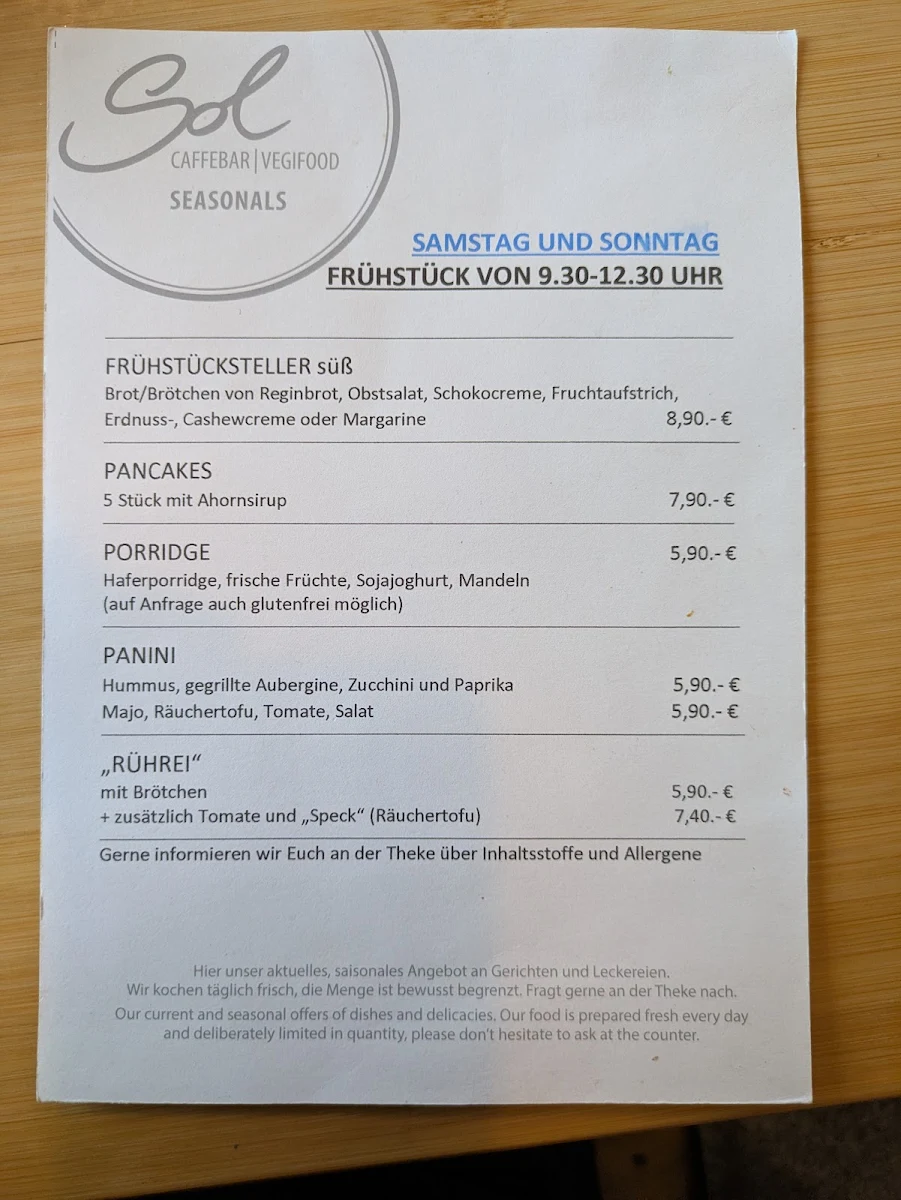 Speisekarte, Sol - Café | Gelateria | Vegifood