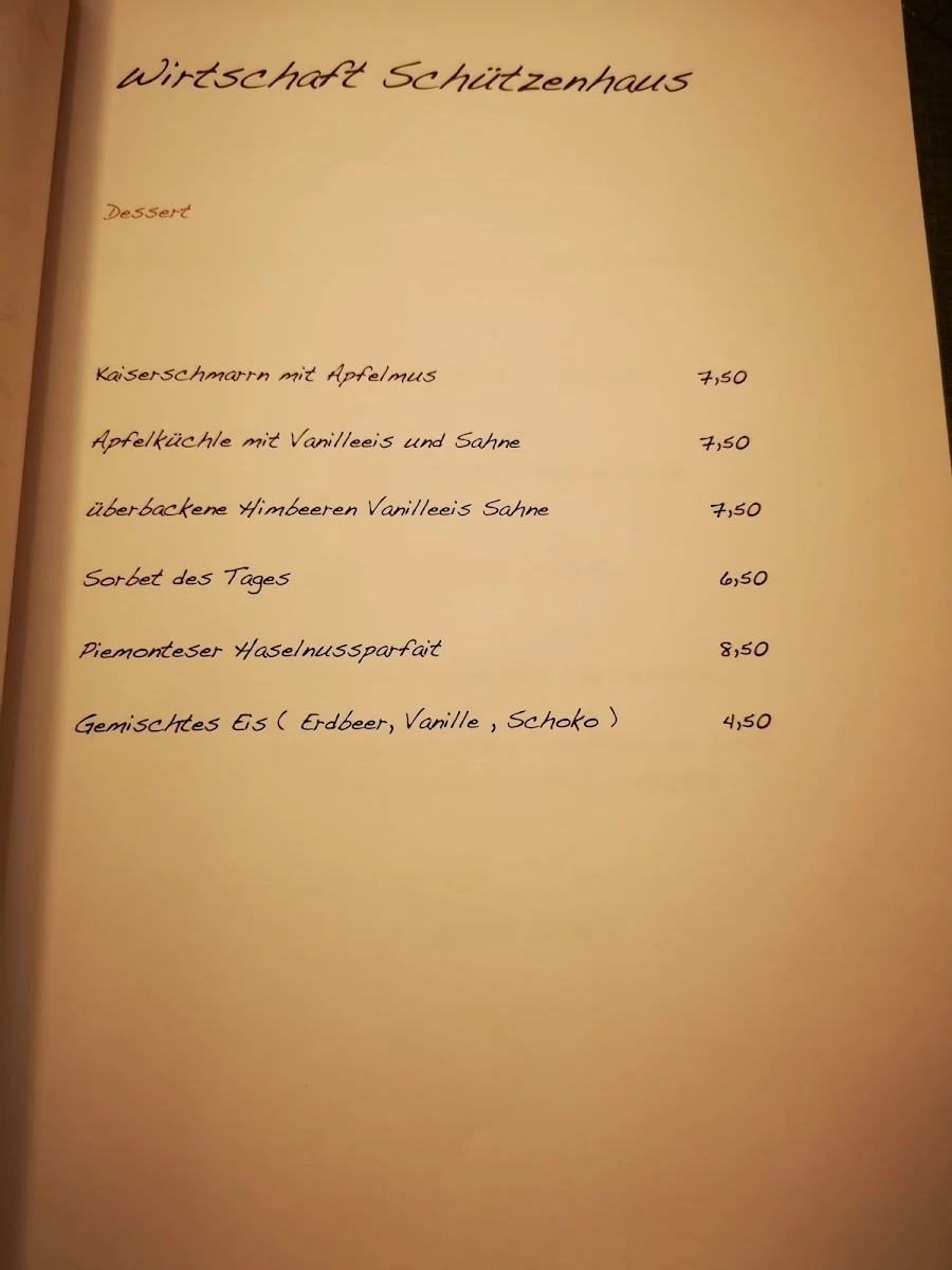 Speisekarte, Wirtschaft Schützenhaus