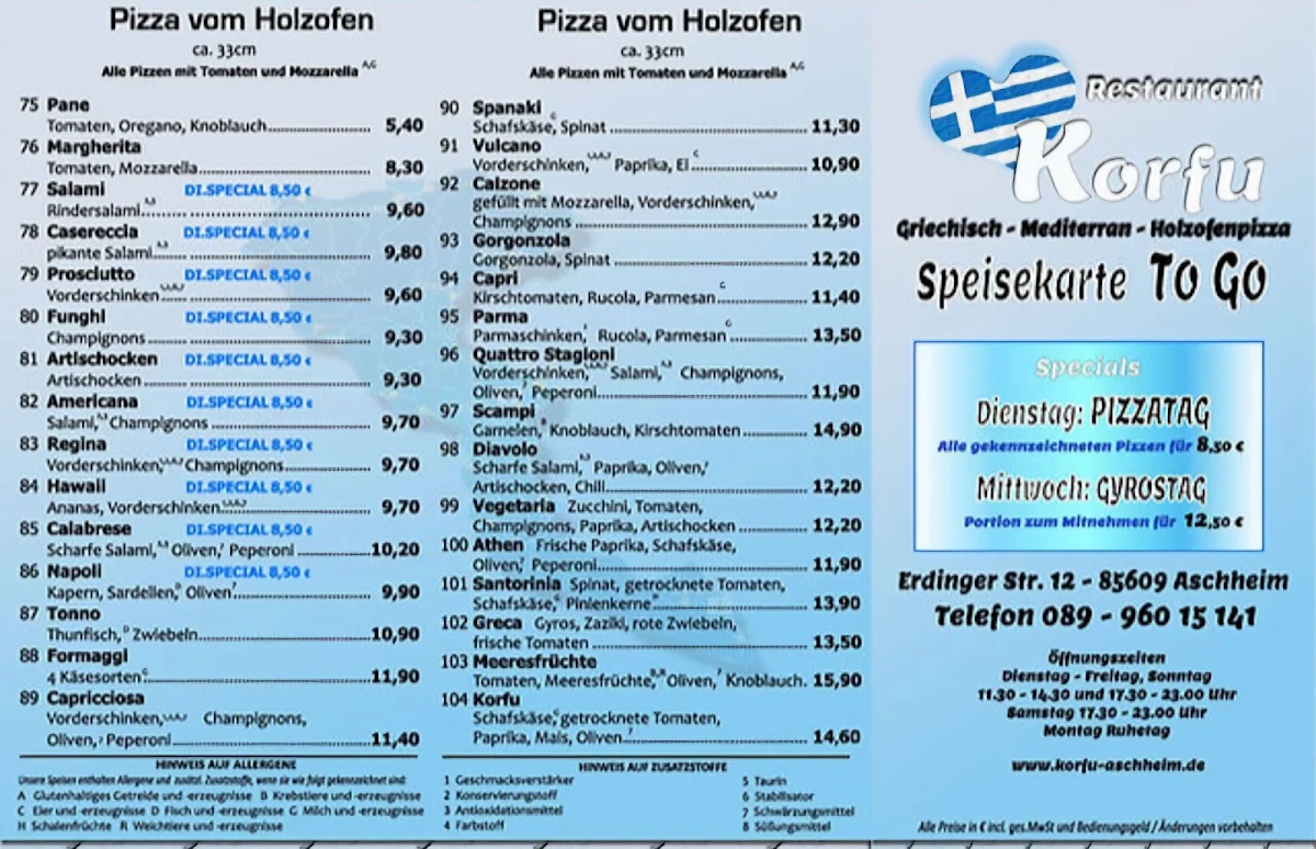 Speisekarte, Restaurant Korfu