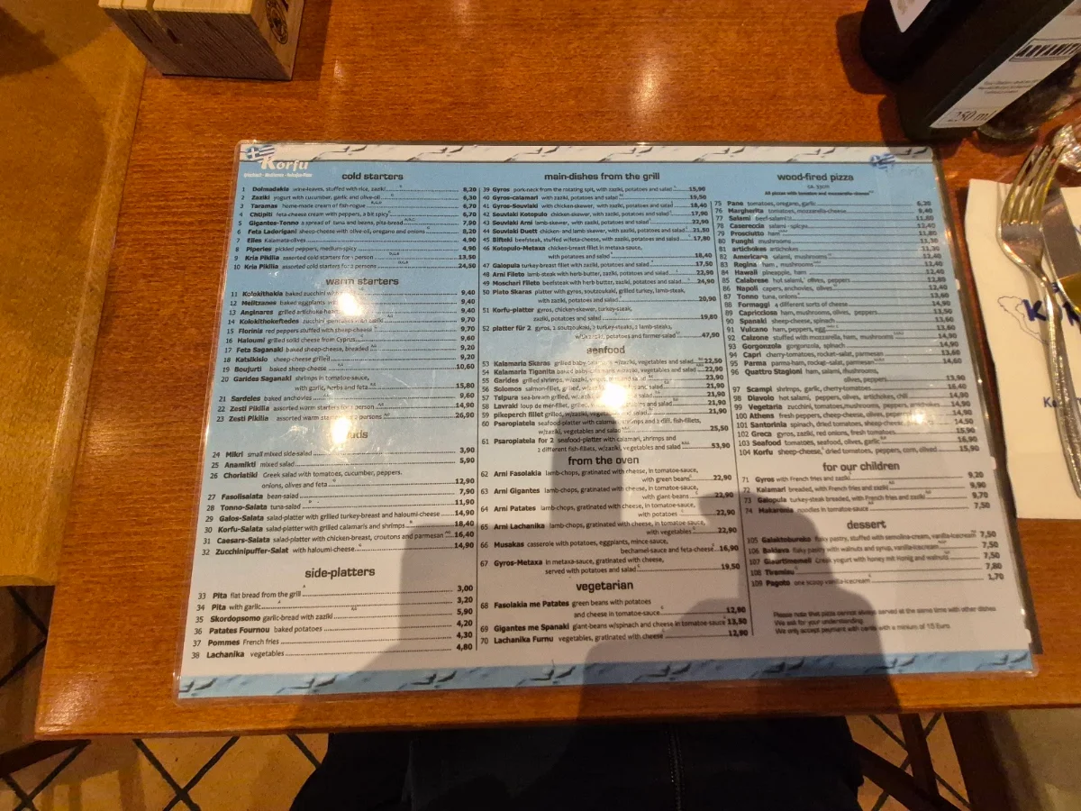 Speisekarte, Restaurant Korfu