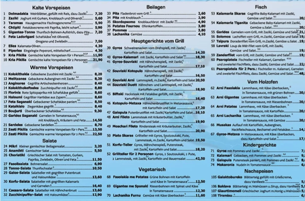 Speisekarte, Restaurant Korfu