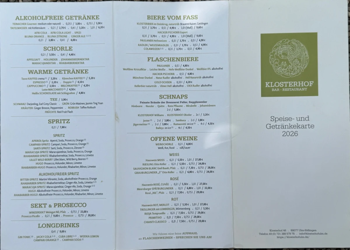 Speisekarte, Restaurant & Biergarten Klosterhof