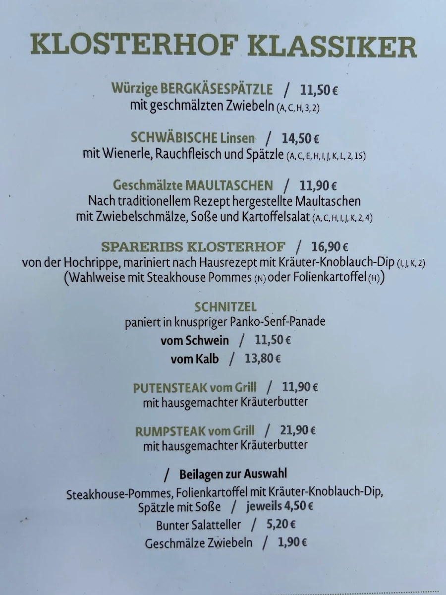 Speisekarte, Restaurant & Biergarten Klosterhof