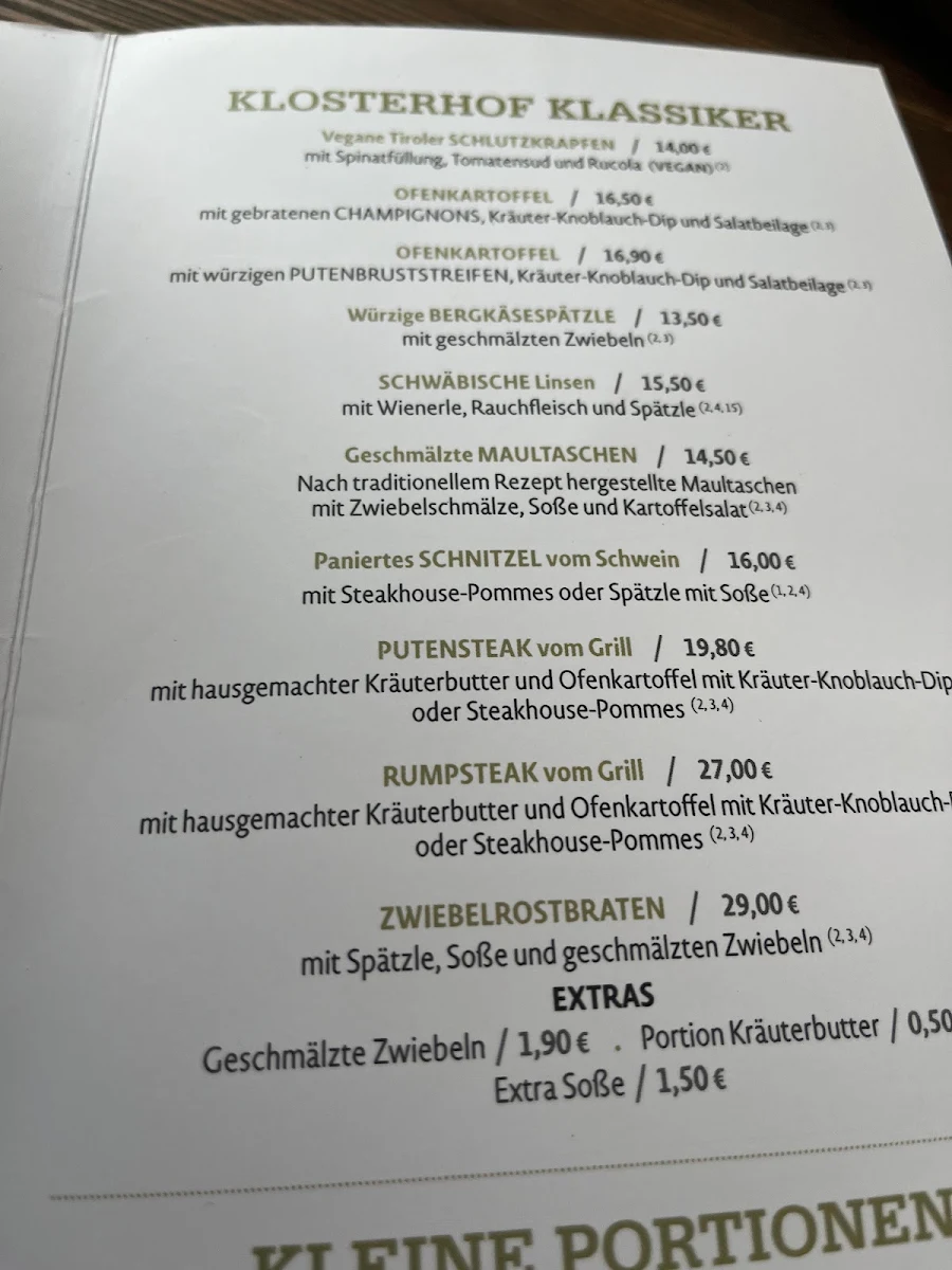 Speisekarte, Restaurant & Biergarten Klosterhof