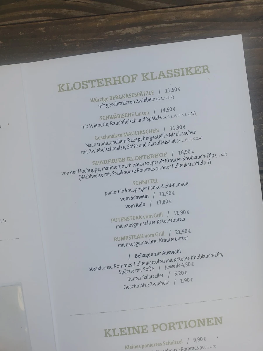 Speisekarte, Restaurant & Biergarten Klosterhof