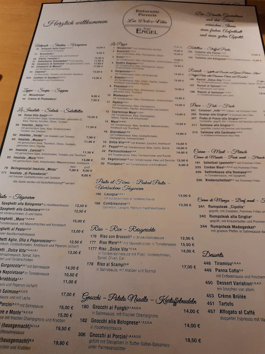Speisekarte, Ristorante Pizzeria La Dolce Vita - Zum Engel -