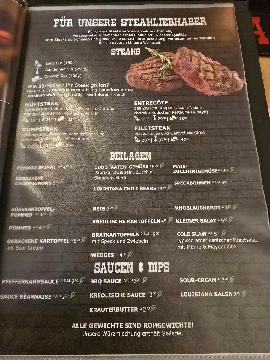 Speisekarte, Louisiana - Steakhaus & Südstaaten-Restaurant