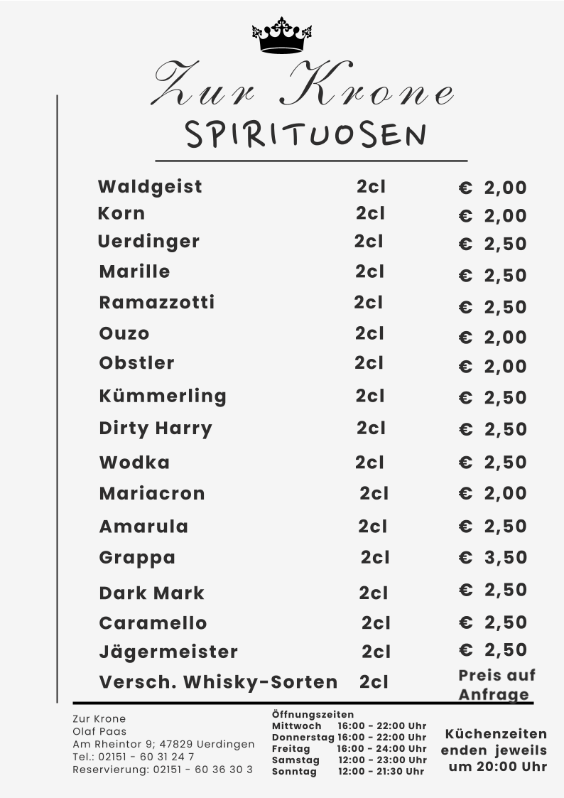 Speisekarte, Gaststätte Zur Krone - Krefeld