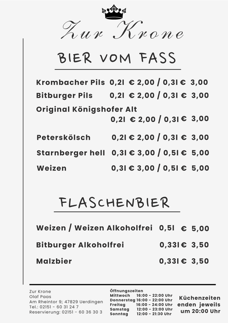 Speisekarte, Gaststätte Zur Krone - Krefeld