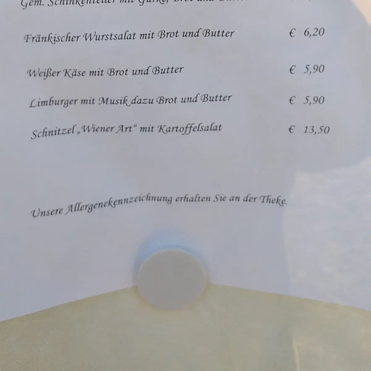 Speisekarte, Gasthof Goldener Hirsch