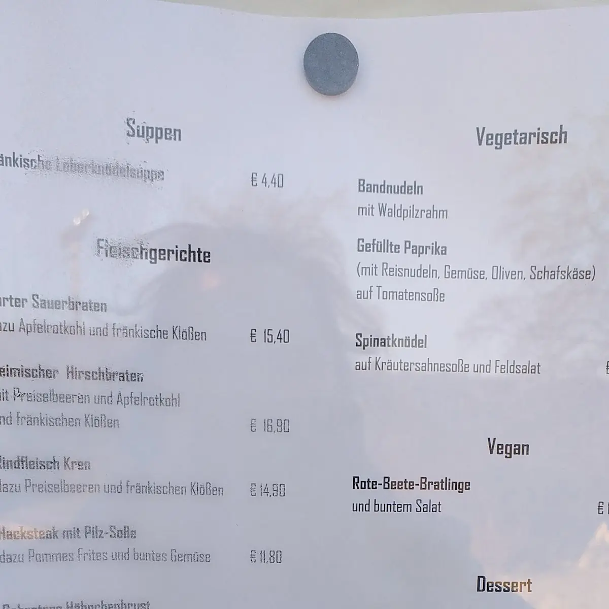 Speisekarte, Gasthof Goldener Hirsch
