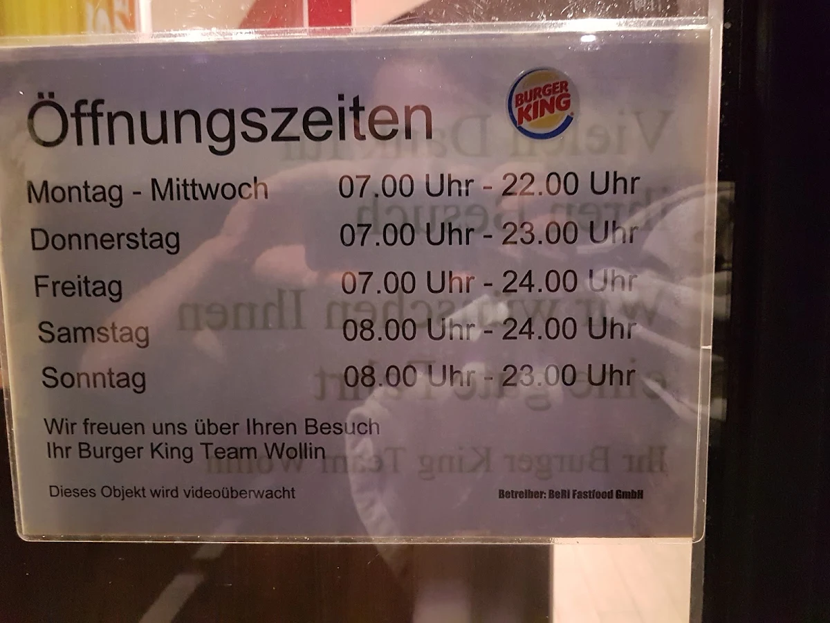 Speisekarte, Burger King Wollin