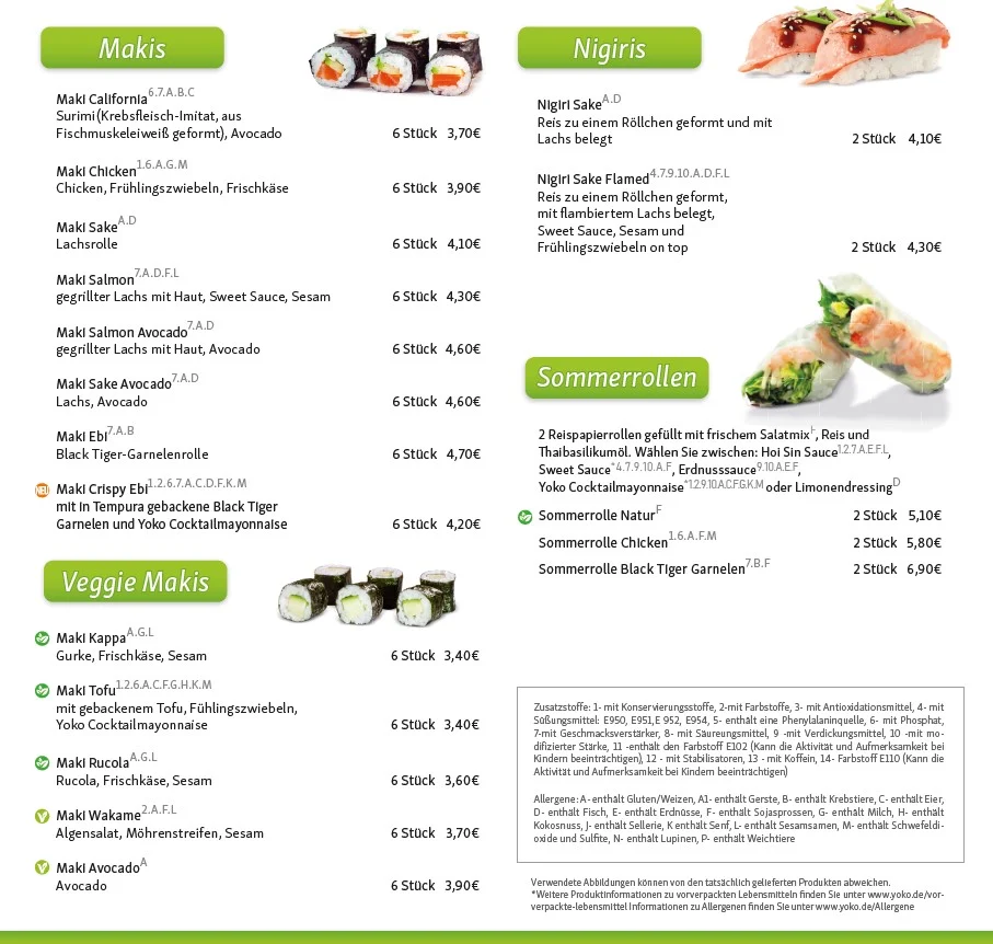 Speisekarte, Yoko Sushi Lieferservice Celle