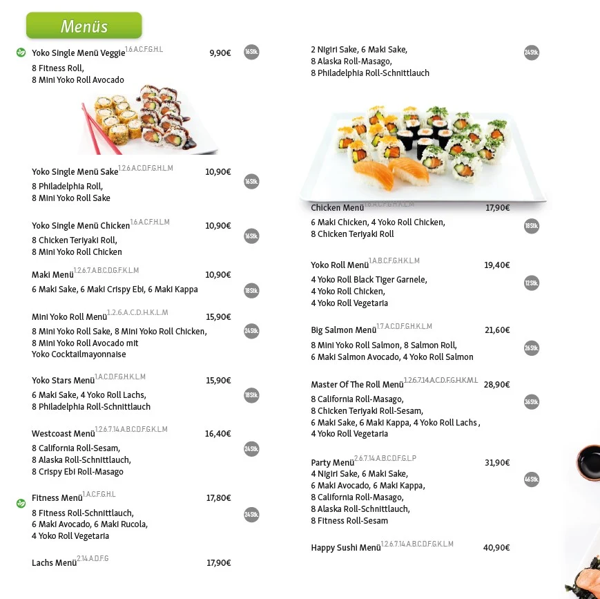 Speisekarte, Yoko Sushi Lieferservice Celle