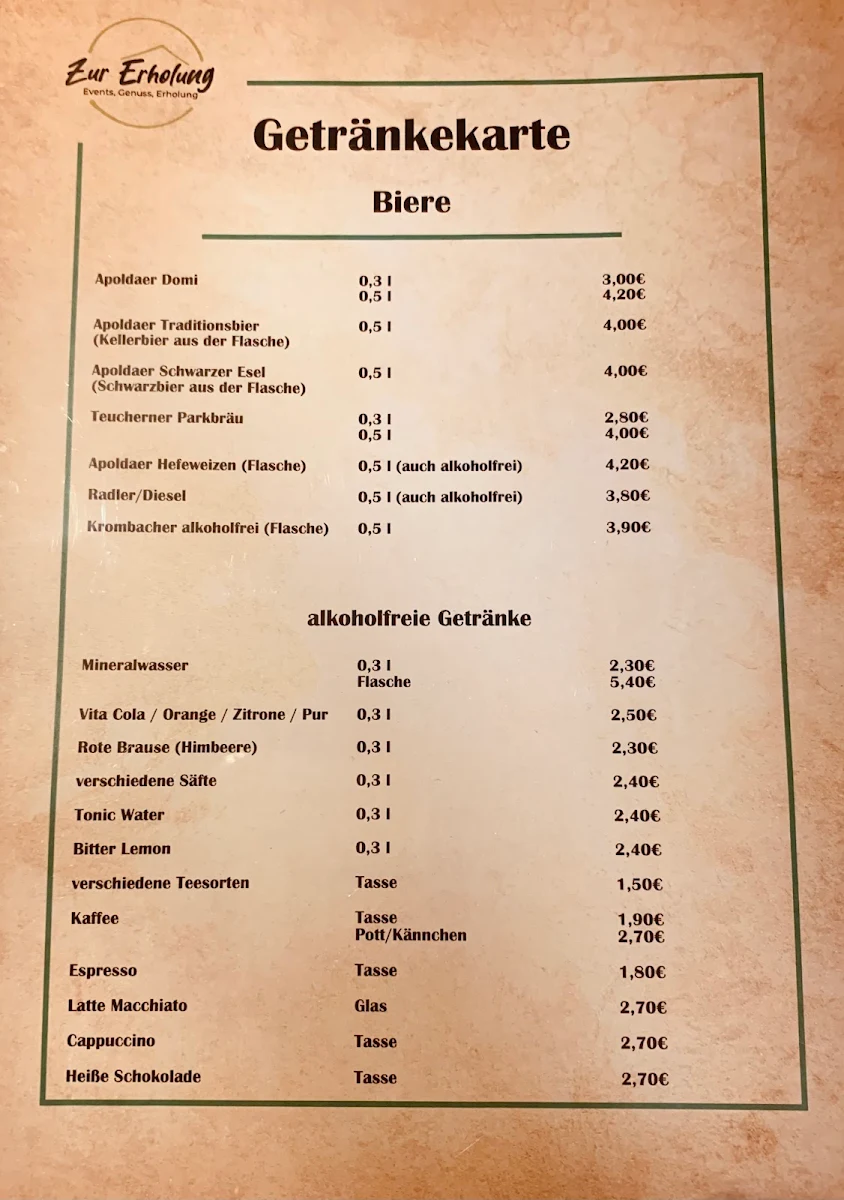 Speisekarte, Gaststätte Zur Erholung