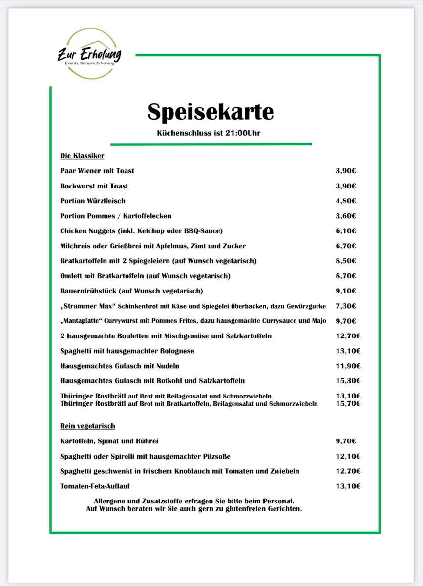Speisekarte, Gaststätte Zur Erholung