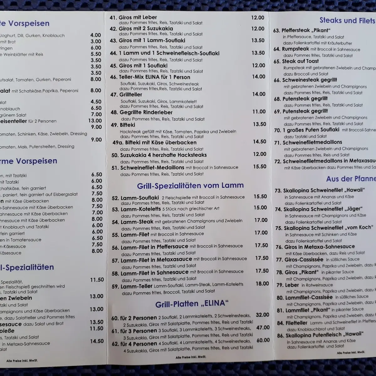 Speisekarte, Taverna Elina