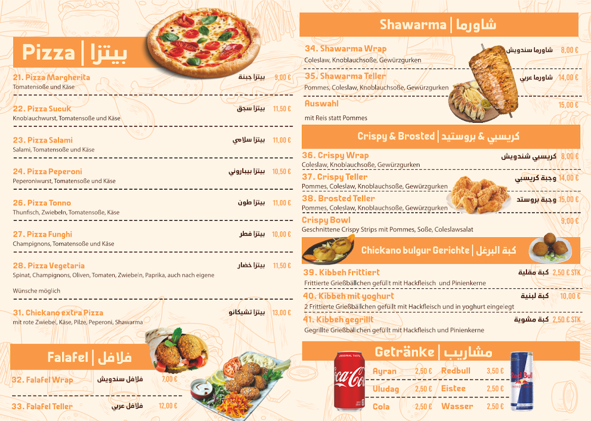 Speisekarte, Chickano Shawarma Restaurant