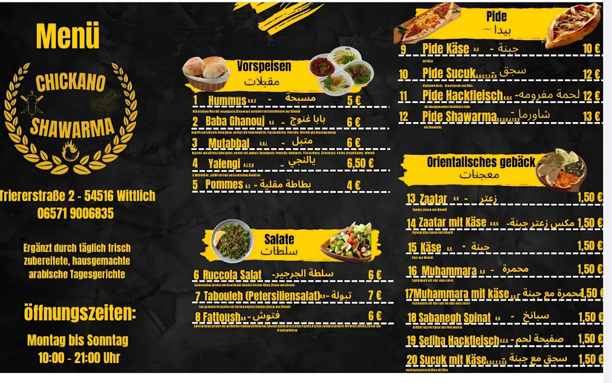 Speisekarte, Chickano Shawarma Restaurant