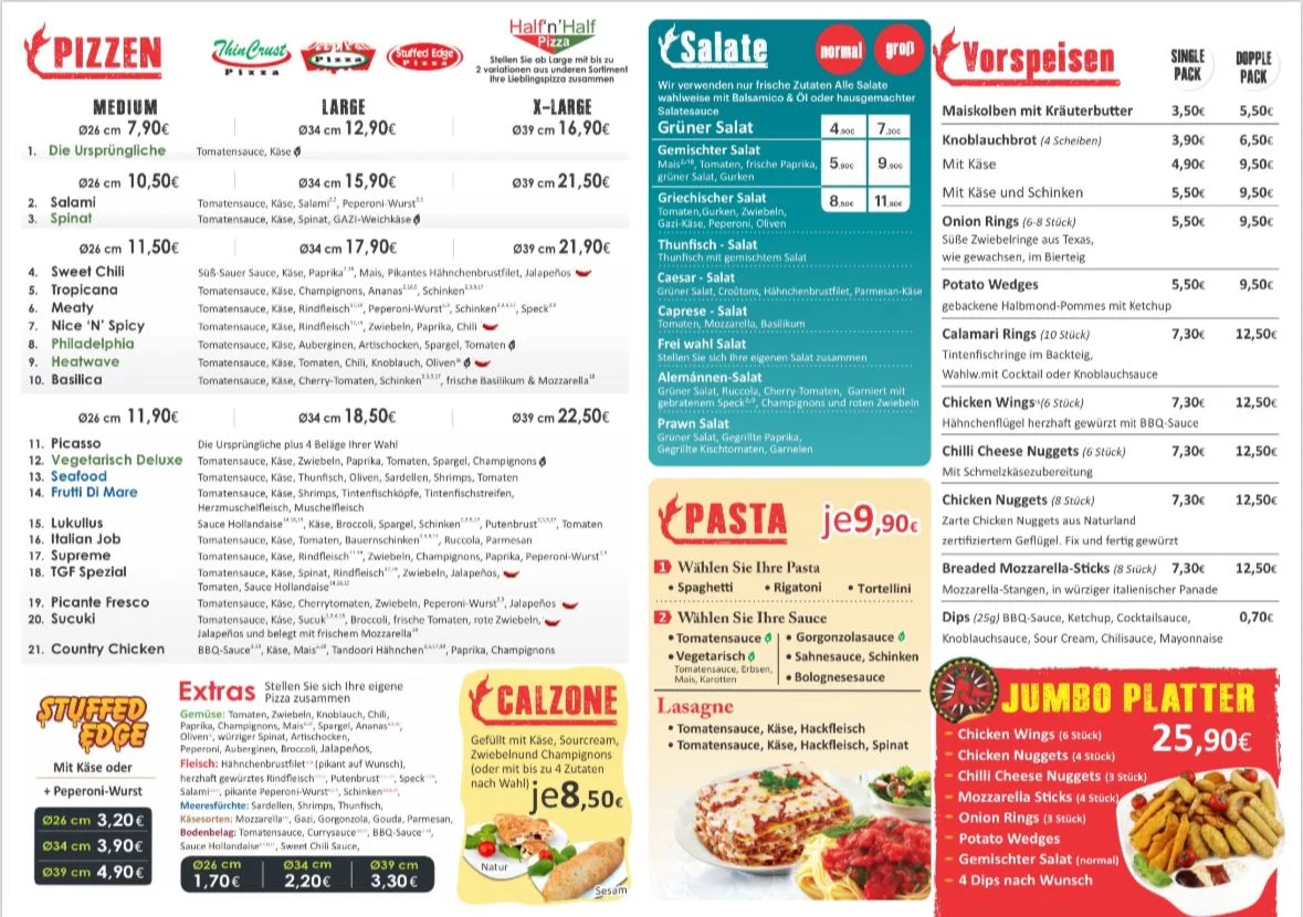 Speisekarte, TGF Pizza Tübingen