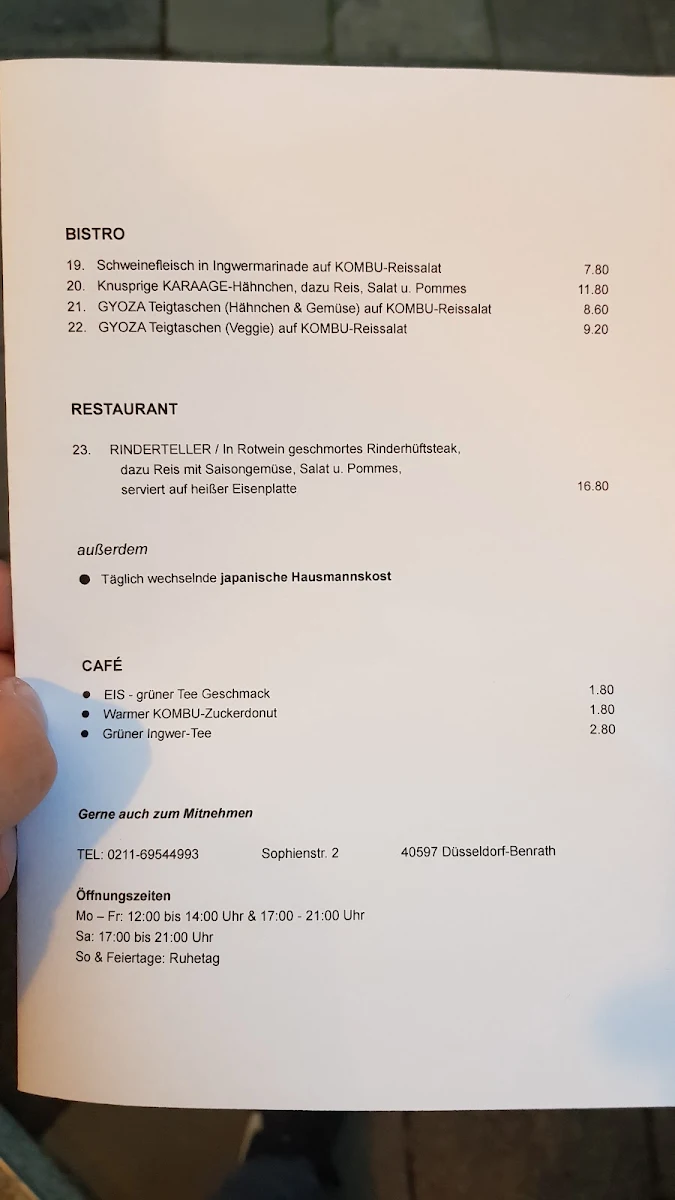 Speisekarte, Bistro KOMBU