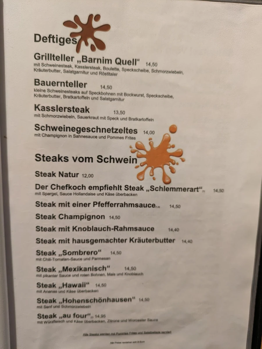 Speisekarte, Gaststätte Barnimquell