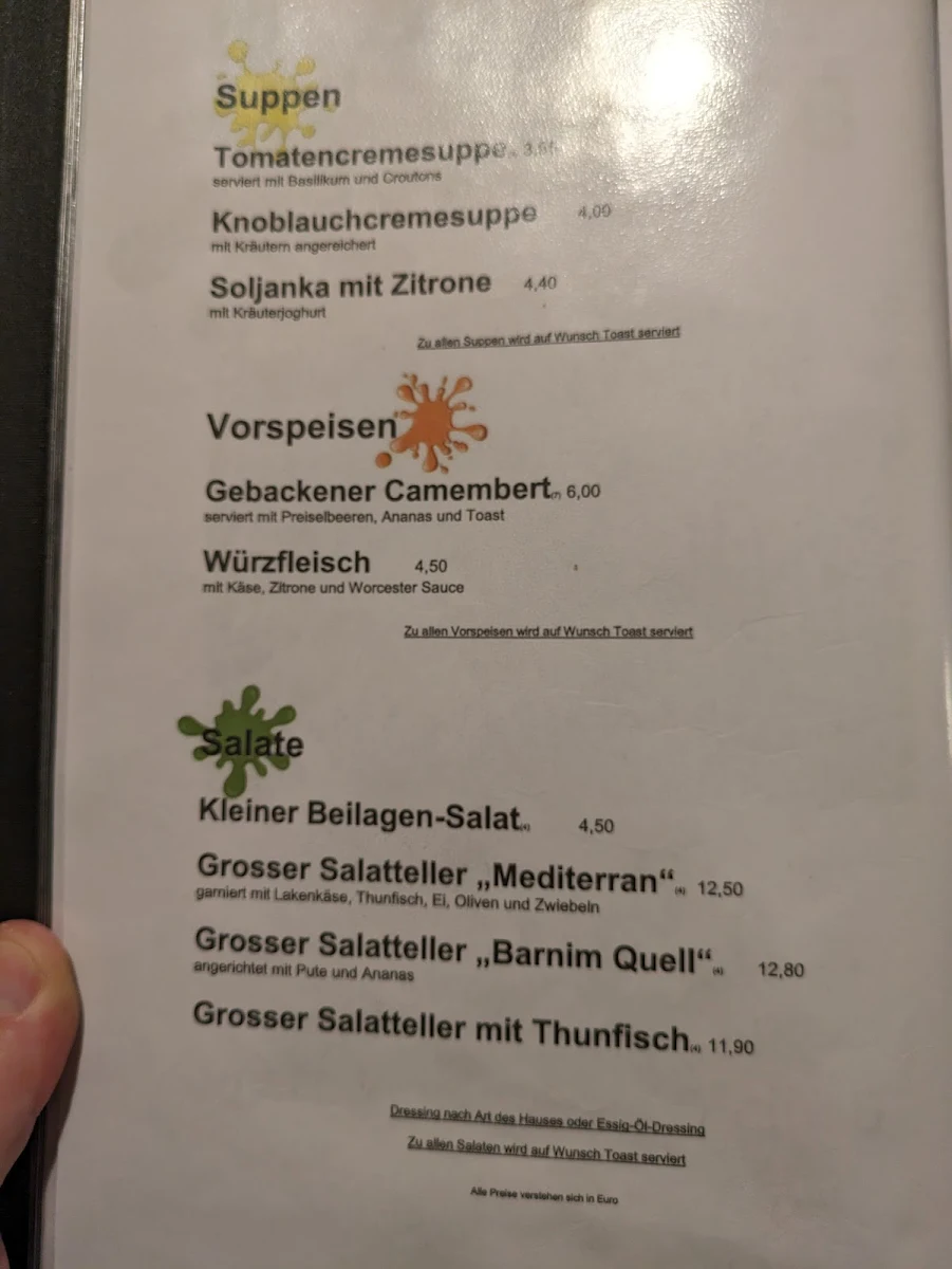 Speisekarte, Gaststätte Barnimquell