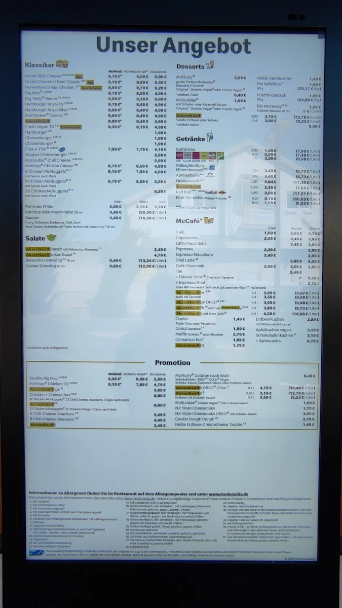 Speisekarte, McDonald's
