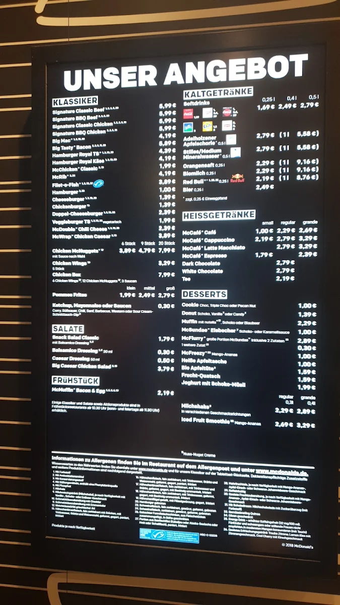 Speisekarte, McDonald's