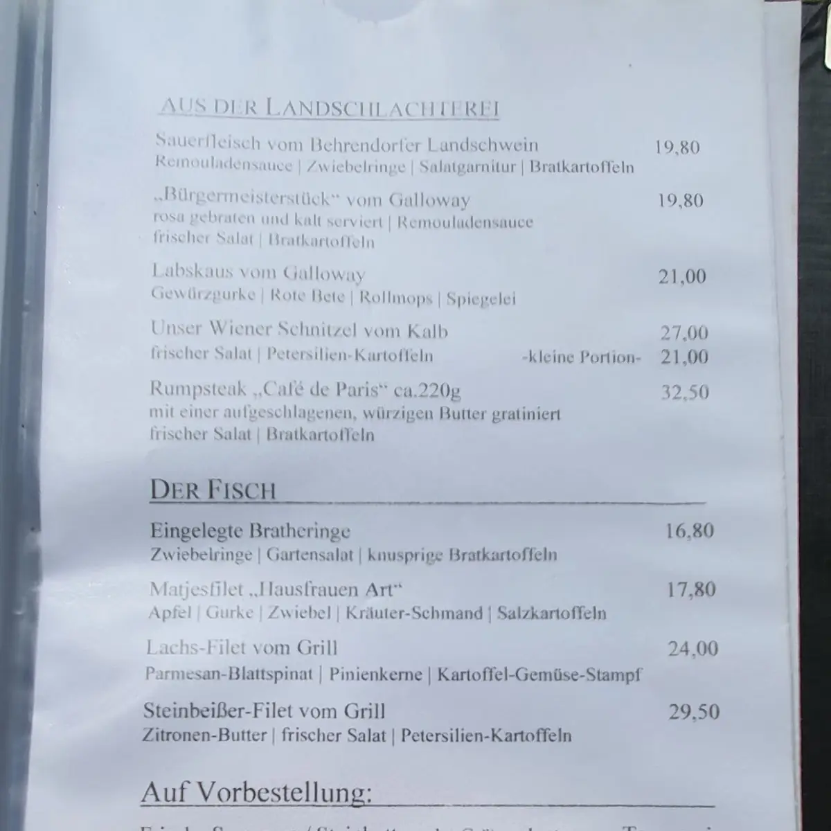 Speisekarte, Restaurant Kleine Küchenkate